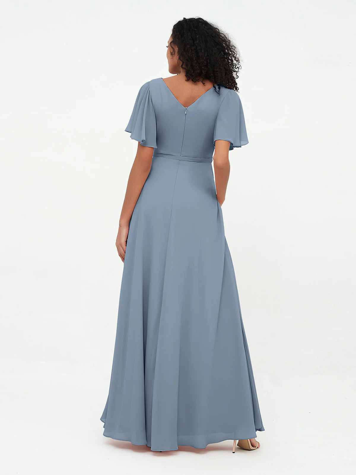 Flutter Sleeves Chiffon Max Dresses with Sash Bow-Dusty Blue Simple gentle atmospheric and unique design
