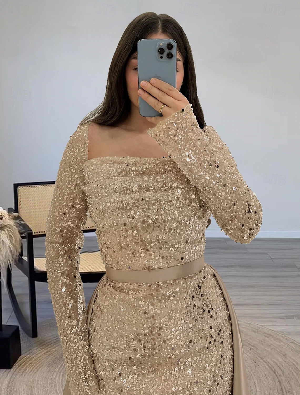 Sheath Evening Gown Elegant Dress Formal Sweep / Brush Train Long Sleeve Illusion Neck Champagne Mother Of the Bride Dress Satin with Pearls Overskirt