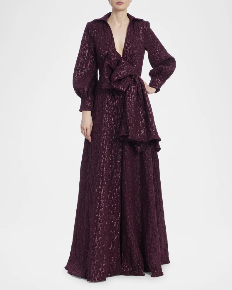 Deep V-Neck Metallic Jacquard Bow Gown Charming and unique design Beautiful generous simple