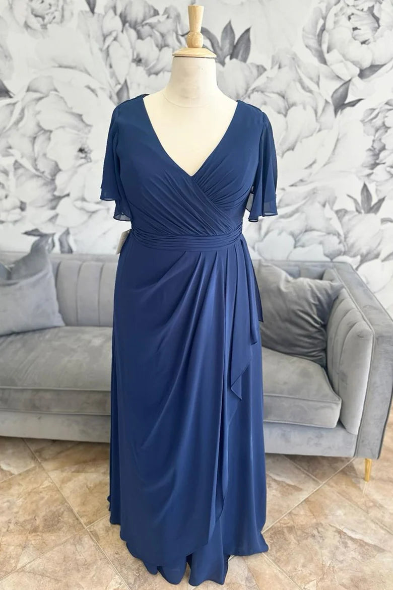 Navy Chiffon Surplice Ruffle Long Formal Dress Simple gentle and grand