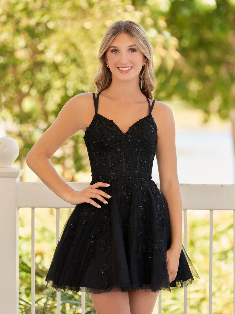A-Line Lace Spaghetti-Straps Black short Homecoming Dress Simple atmospheric beautiful and unique design