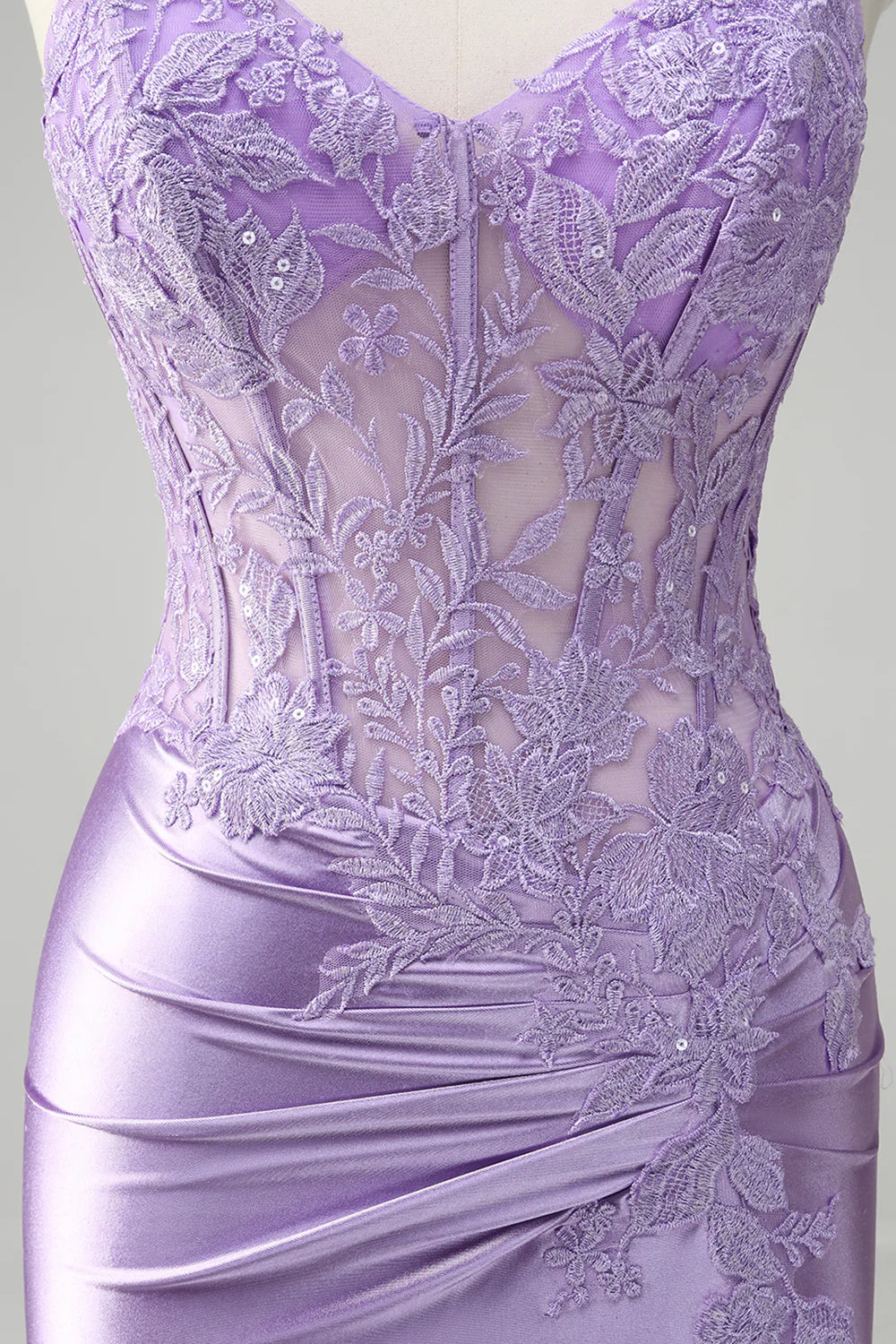 Lilac Floral Mermaid Corset Long Prom Dress with Slit