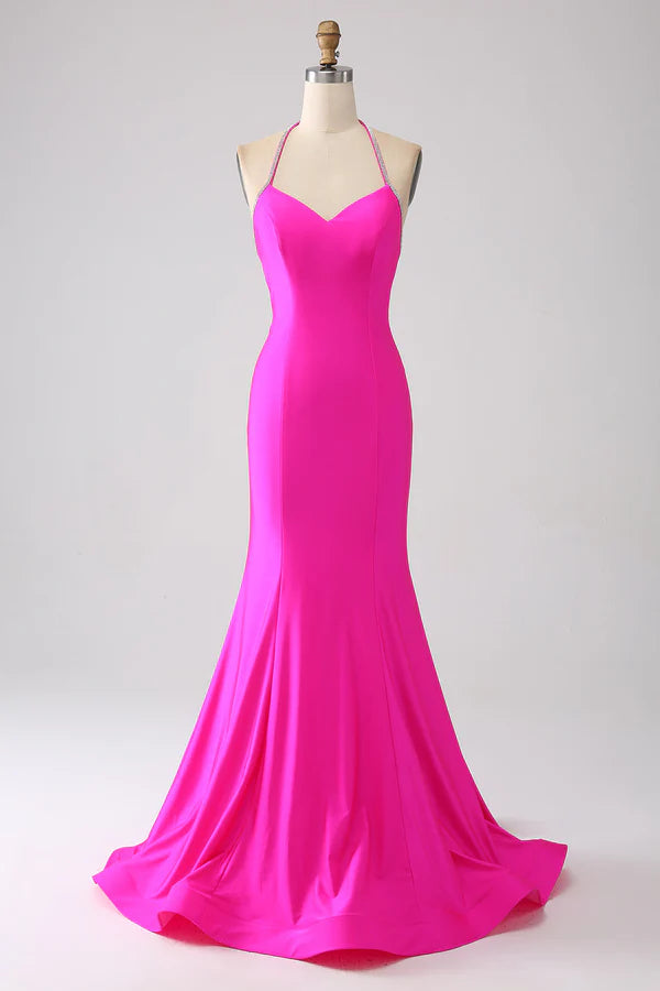 Fuchsia Mermaid Halter Neck Backless Long Prom Dress simple gentle atmospheric and unique desig