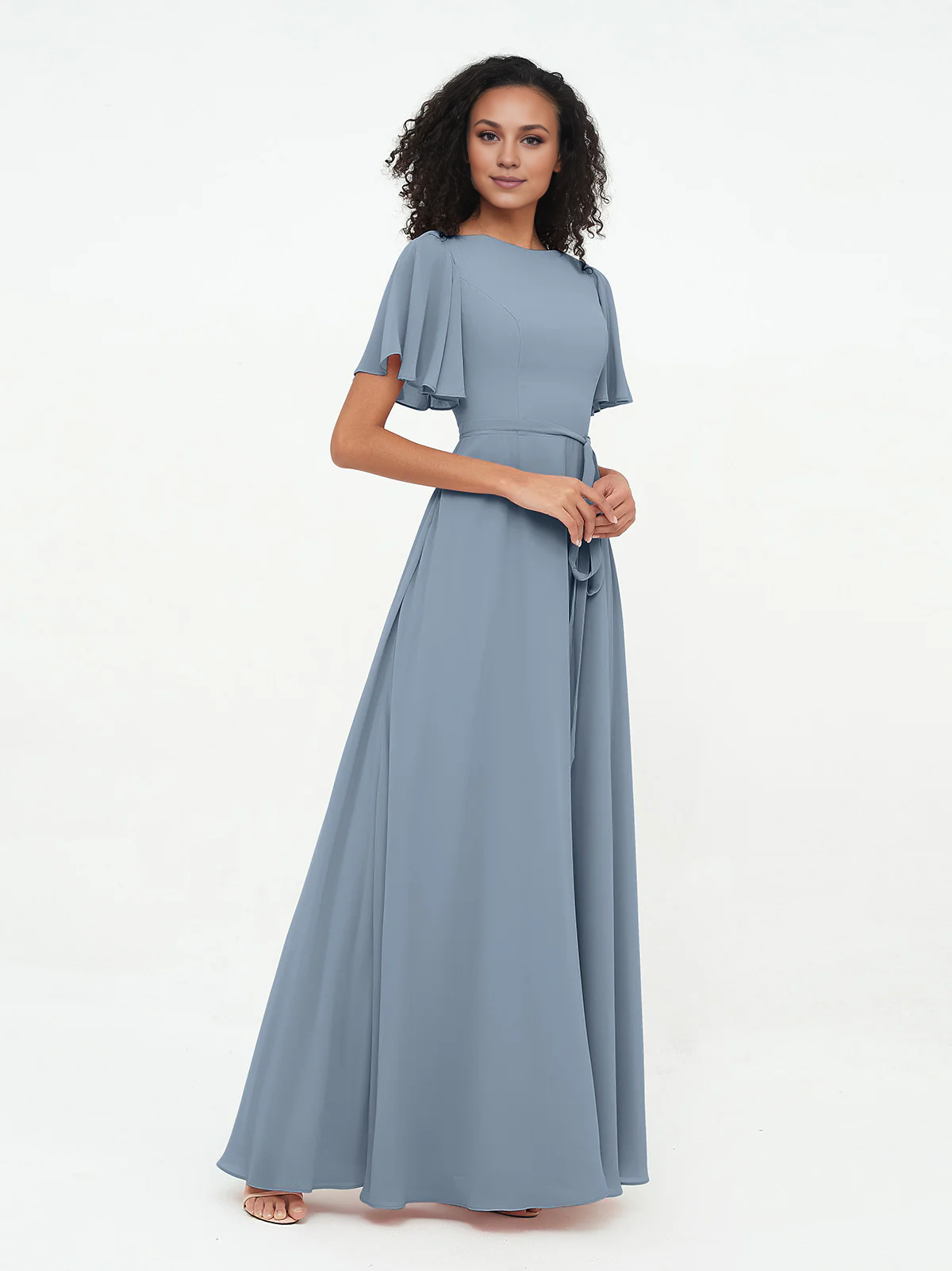 Flutter Sleeves Chiffon Max Dresses with Sash Bow-Dusty Blue Simple gentle atmospheric and unique design