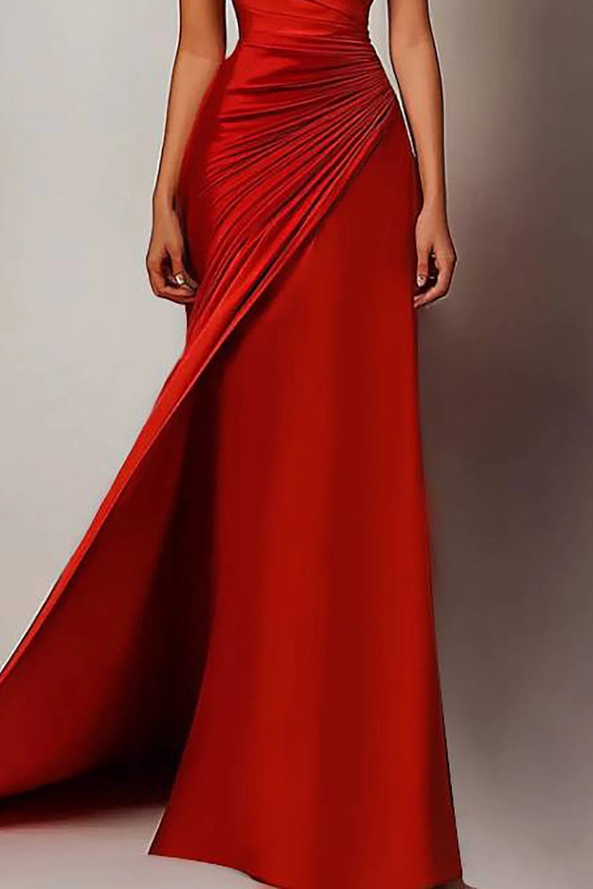 Evening Formal Dress Red One Shoulder Ruched Train Gown
