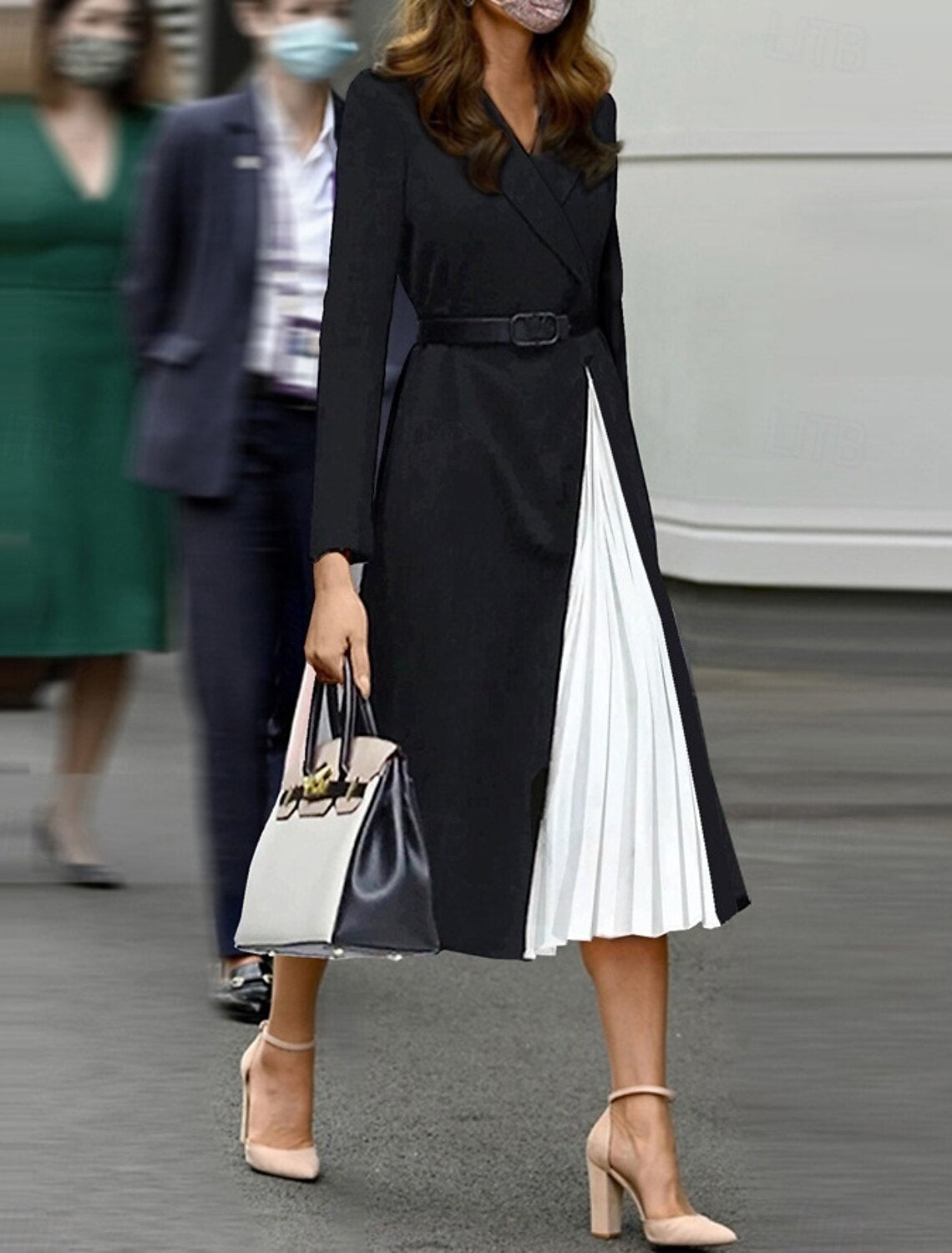 Dress Mother of the Bride Dress Elegant Vintage Party Shirt Collar Tea Length Stretch Fabric Long Sleeve with Color Block Dress