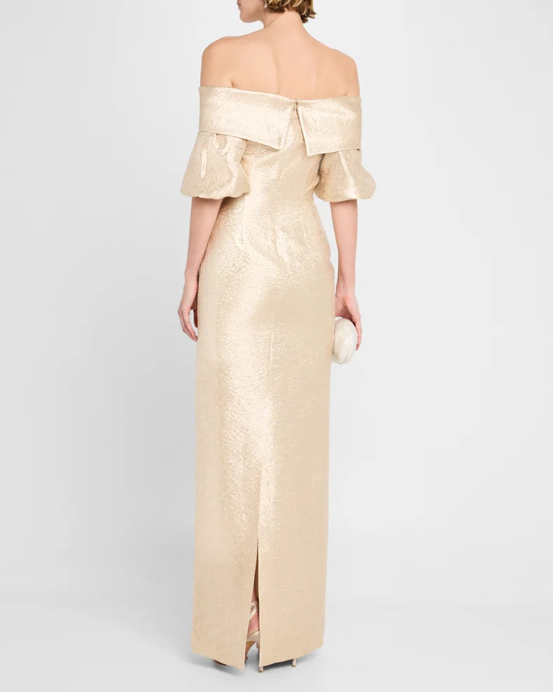Off-Shoulder Metallic Jacquard Column Gown Beautiful and charming simple and unique design
