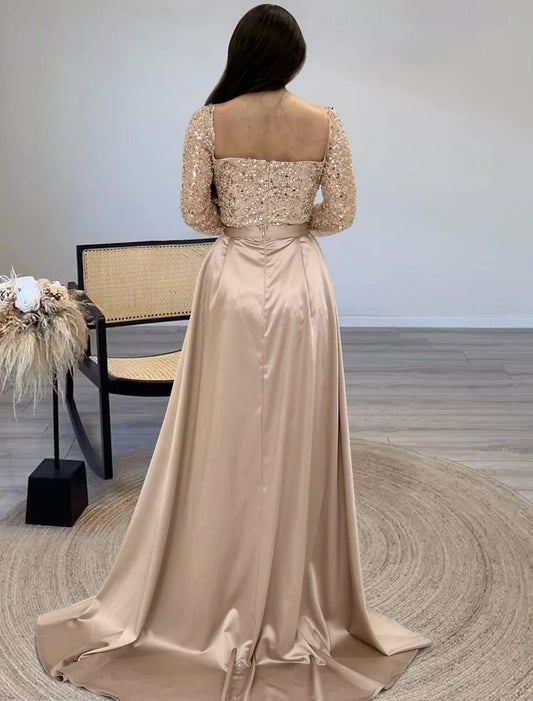 Sheath Evening Gown Elegant Dress Formal Sweep / Brush Train Long Sleeve Illusion Neck Champagne Mother Of the Bride Dress Satin with Pearls Overskirt