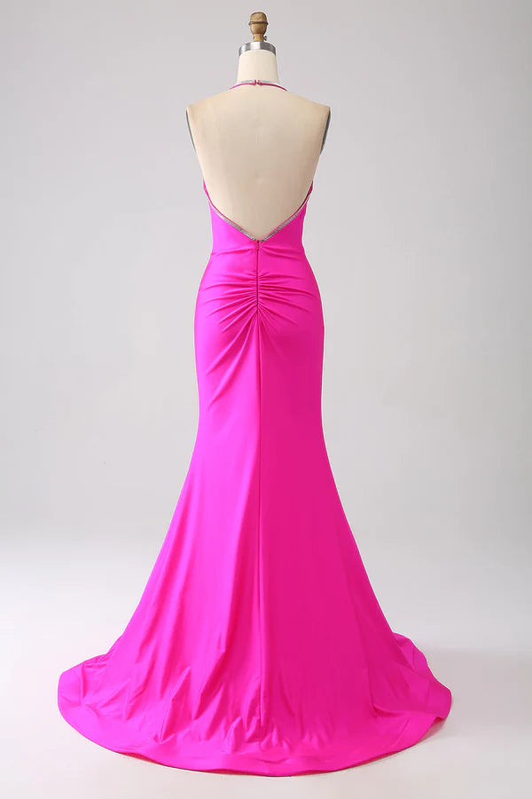 Fuchsia Mermaid Halter Neck Backless Long Prom Dress simple gentle atmospheric and unique desig