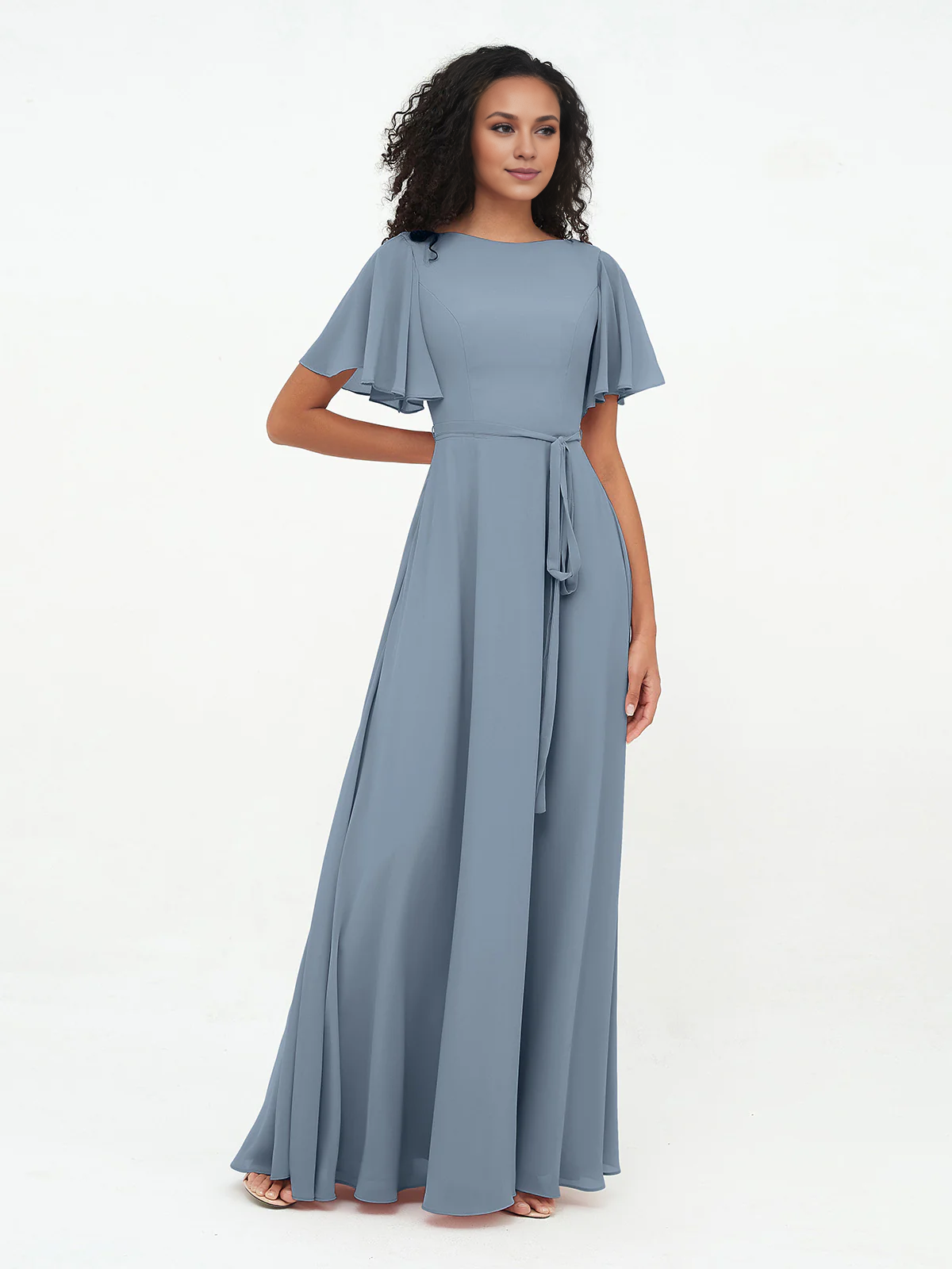 Flutter Sleeves Chiffon Max Dresses with Sash Bow-Dusty Blue Simple gentle atmospheric and unique design