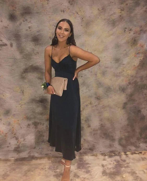 A-line spaghetti straps tea length prom dress Simple atmospheric gentle