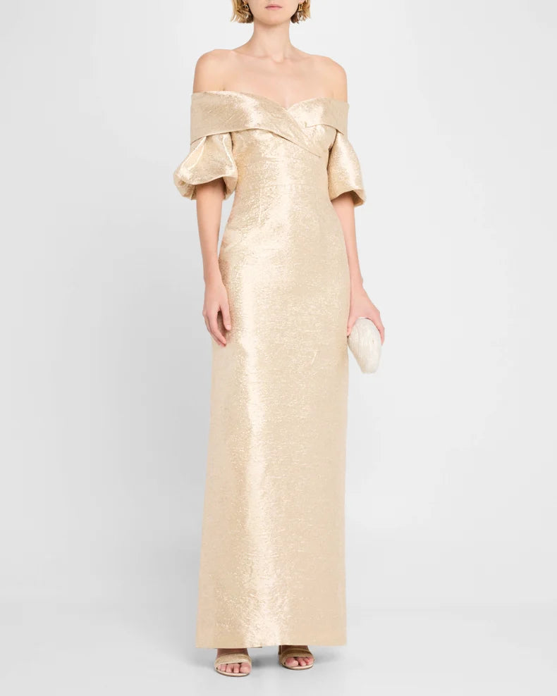 Off-Shoulder Metallic Jacquard Column Gown Beautiful and charming simple and unique design
