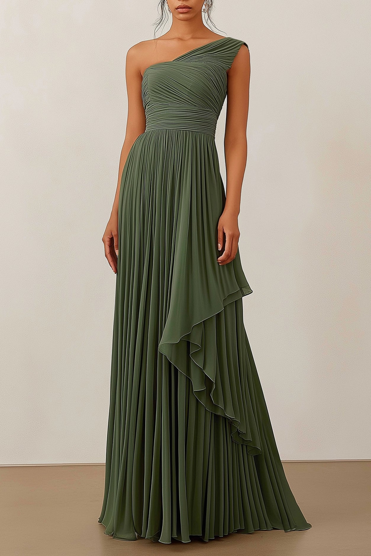 Formal Evening Dress Green Ruched Asymmetrical Floor-Length Gown