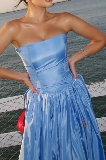 Strapless Scoop Neck Satin Pleated High Slit Formal Prom Dress