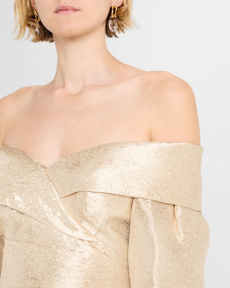 Off-Shoulder Metallic Jacquard Column Gown Beautiful and charming simple and unique design