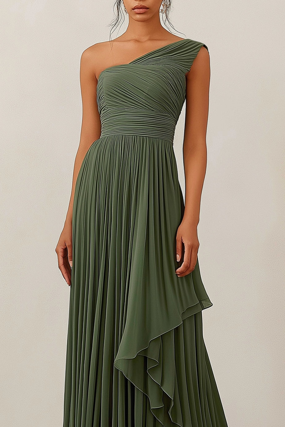 Formal Evening Dress Green Ruched Asymmetrical Floor-Length Gown