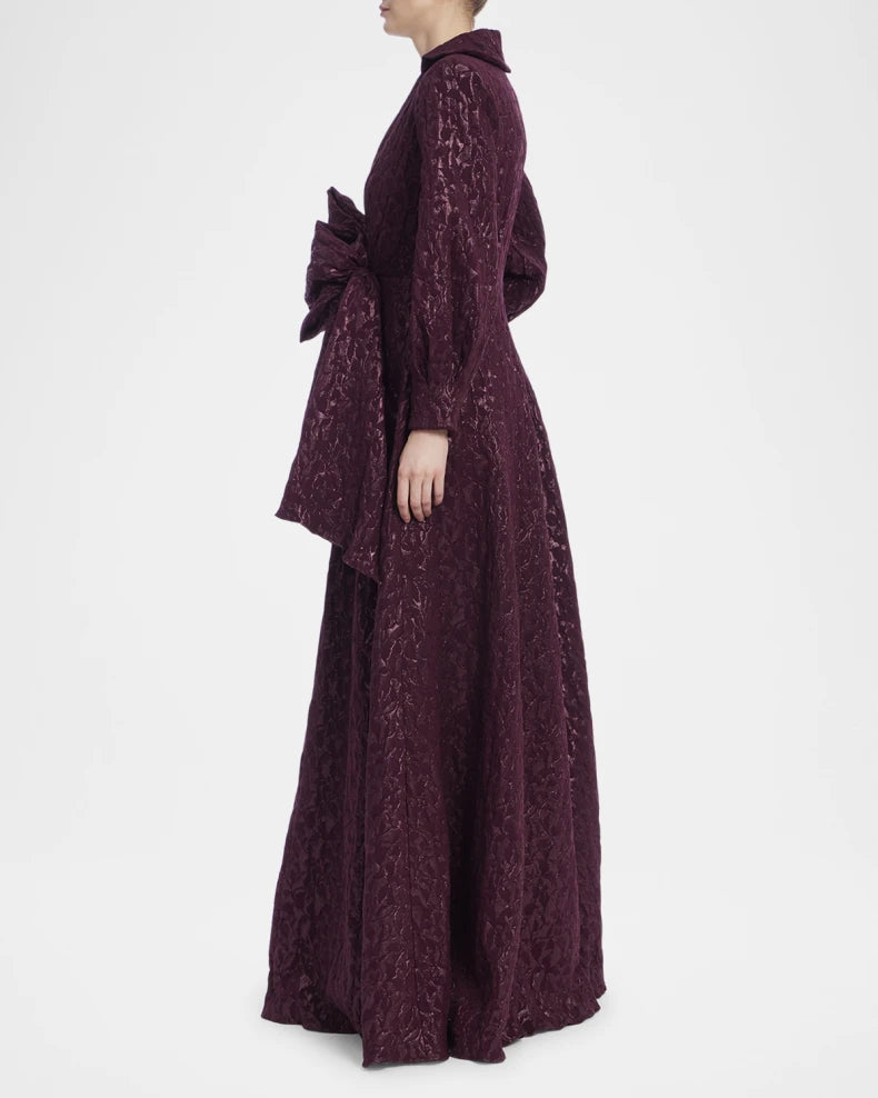 Deep V-Neck Metallic Jacquard Bow Gown Charming and unique design Beautiful generous simple