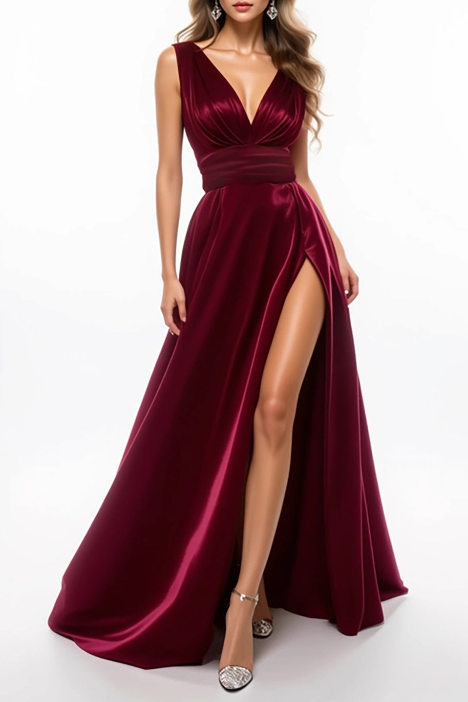 Evening Formal Gown Burgundy Deep V High Slit Floor-Length Dress Simple beautiful generous and full of charm