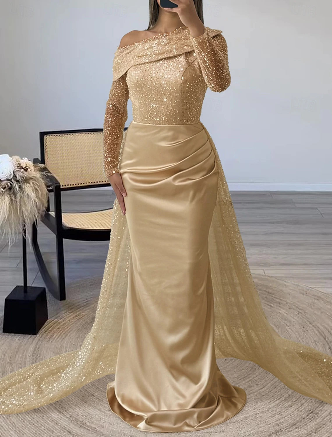 Sheath Evening Gown Elegant Dress Formal Sweep / Brush Train Long Sleeve Illusion Neck Champagne Mother Of the Bride Dress Satin with Pearls Overskirt