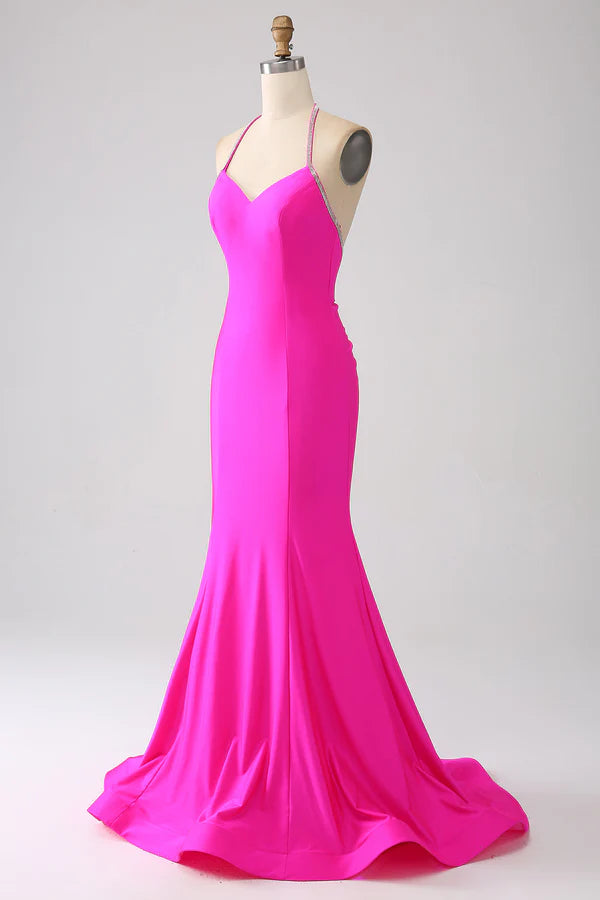 Fuchsia Mermaid Halter Neck Backless Long Prom Dress simple gentle atmospheric and unique desig