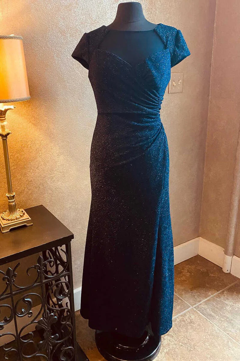 Crew Neck Short Sleeve Ruched Long Mother of the Bride Dress