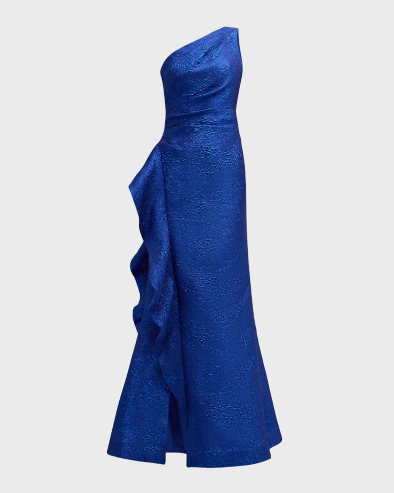 One-Shoulder Ruffle Metallic Jacquard Gown Beautiful and charming simple and unique design