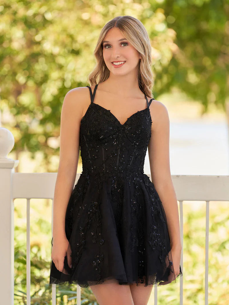 A-Line Lace Spaghetti-Straps Black short Homecoming Dress Simple atmospheric beautiful and unique design