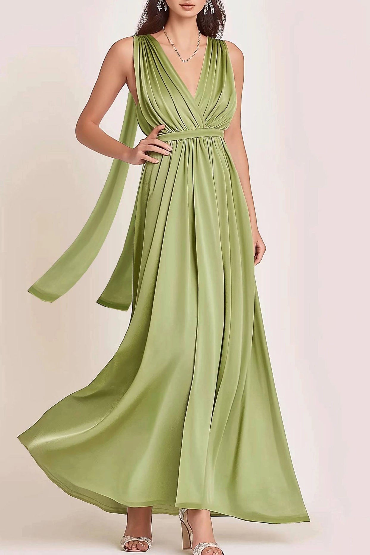 Wedding Guest Semi-Formal Dress with Scarf Green Satin V-Neck Sleeveless Maxi Dress with Scarf
