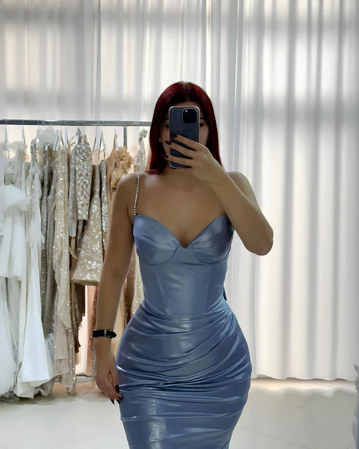 Amazing Column Sweetheart Sleeveless Ruffled Satin Blue Prom Dress Simple gentle atmospheric and unique design