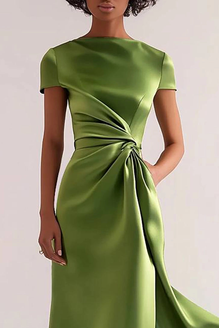 Party Smiformal Dress Short Sleeves Green Midi Mother of Bride Dress