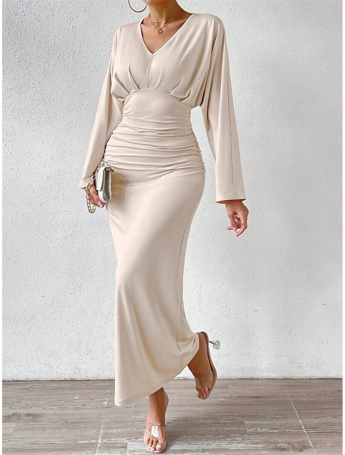 Dress Mother of the Bride Dress Elegant V Neck Floor Length Jersey Long Sleeve with Ruched