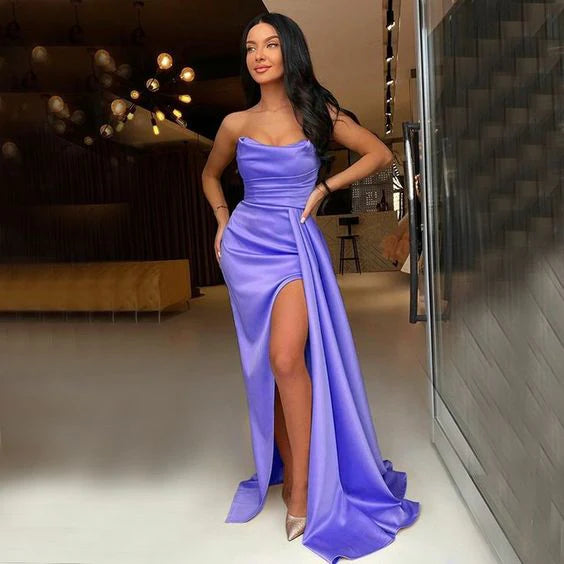 Split Prom Dresses Strapless Pleats Long Floor Length Women Formal Party Evening Gown