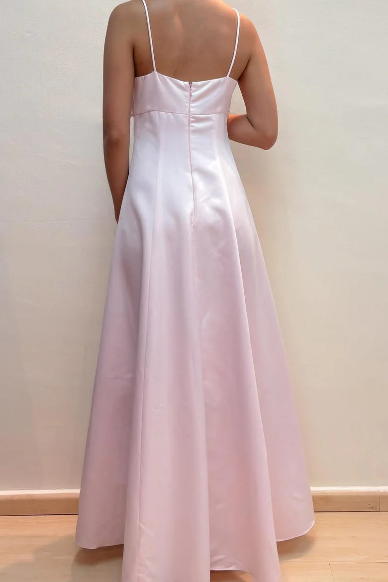 Spaghetti Straps Appliques Empire-Waist Satin Prom Dress