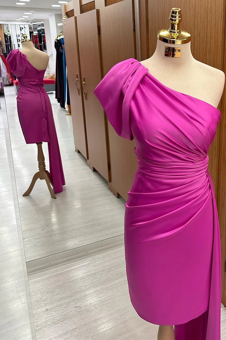 Fuchsia One-Shoulder Ruched Midi Dress with Attached Train Simple gentle grand and beautiful