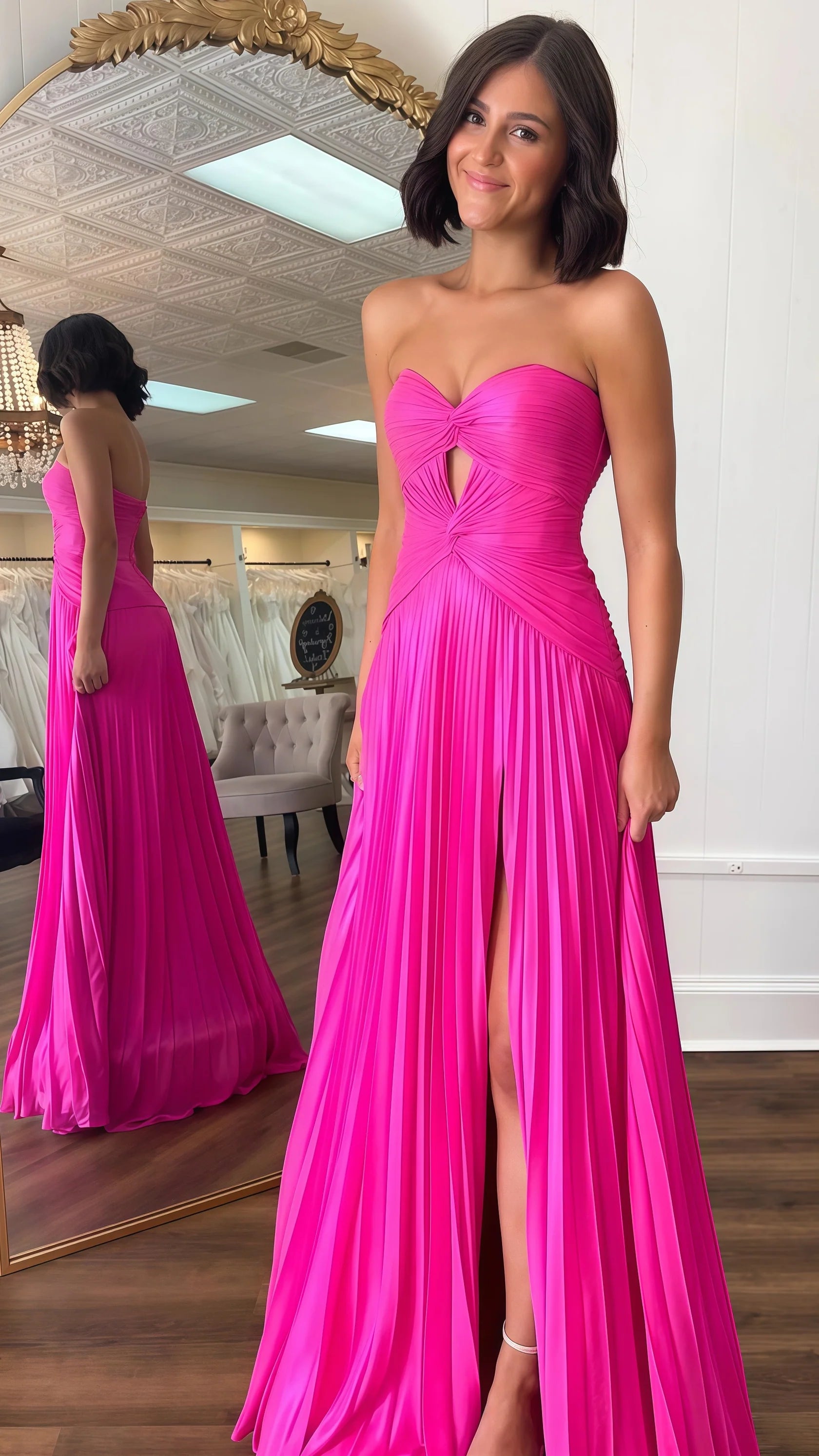 Sexy Mermaid Beautiful elegant and unique design Prom Dress Hot Pink Sweetheart Keyhole Chiffon Pleated Long Prom Dress