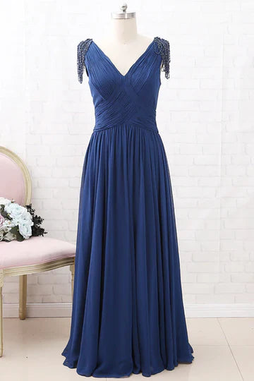Simple gentle and grand Chiffon V-Neck Tassel Sleeves Long Mother of the Bride Dress