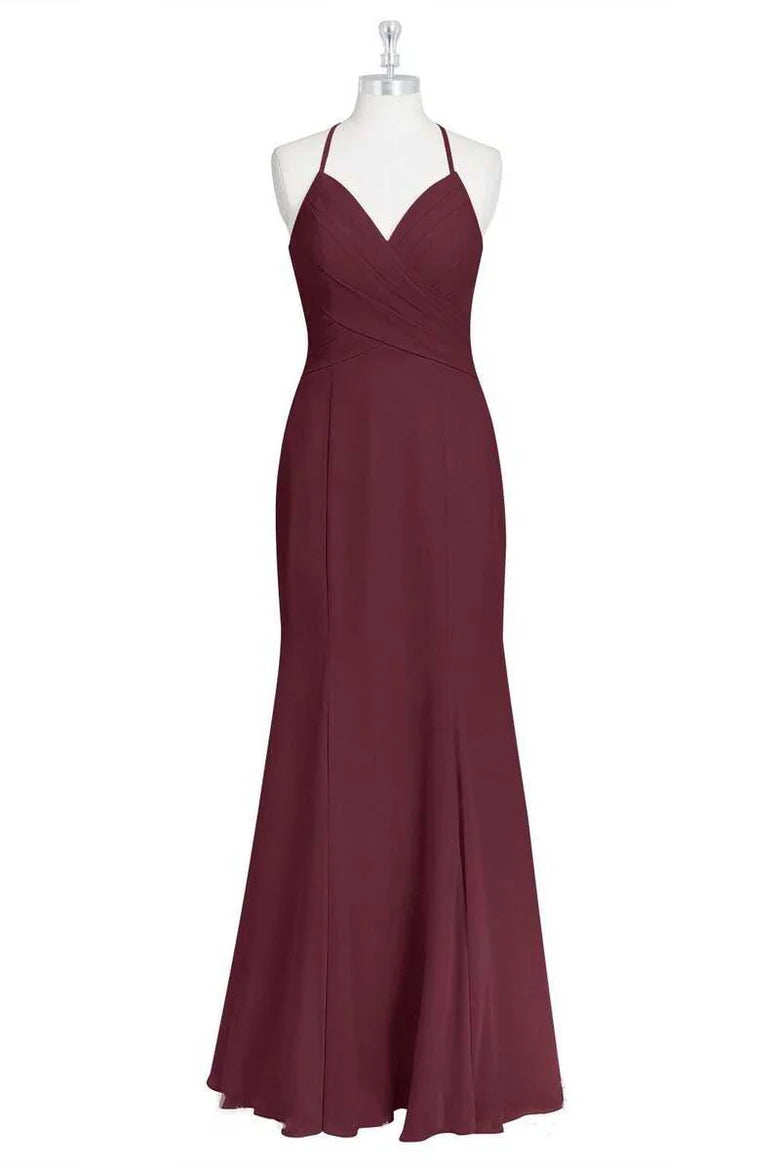 Burgundy Halter Spaghetti Straps Mermaid Long Bridesmaid Dress