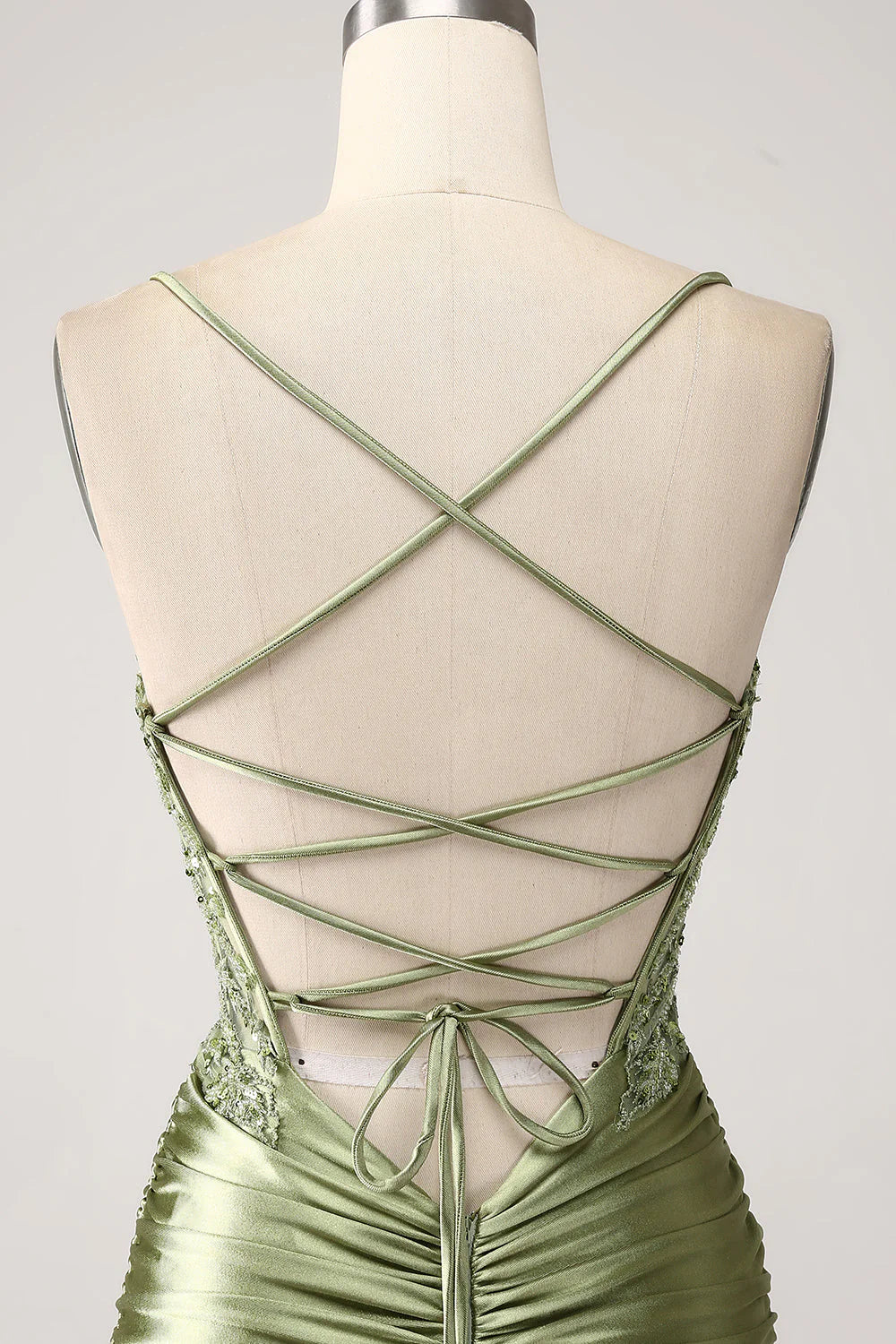 Mermaid Sage Spaghetti Straps Lace-up Back Prom Dress With Slit