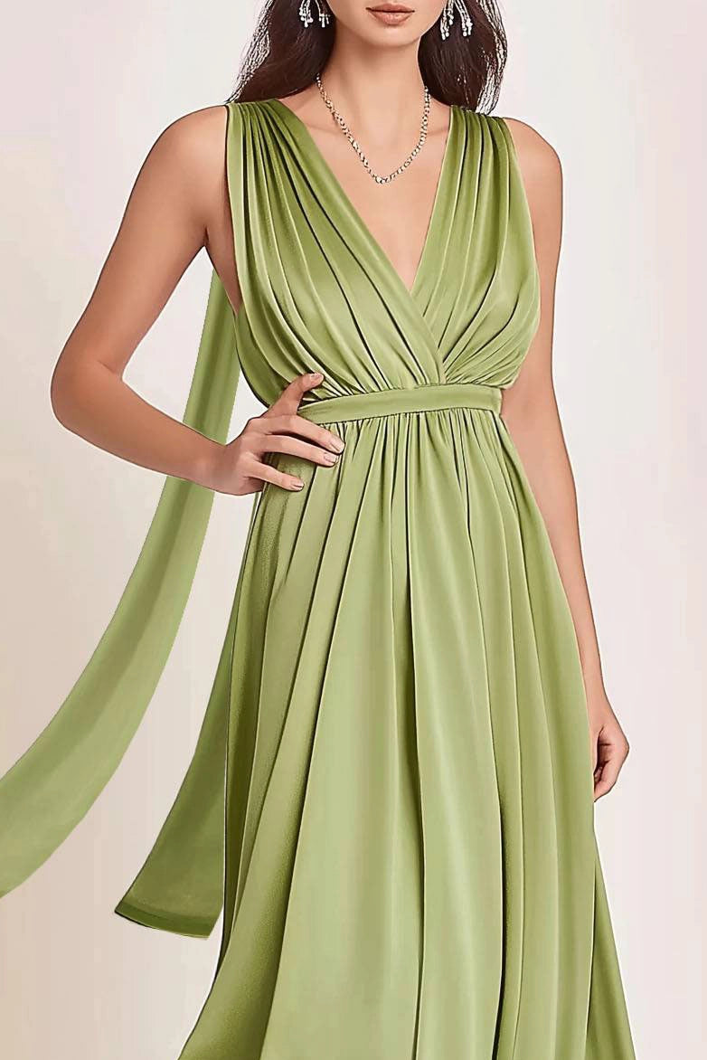 Wedding Guest Semi-Formal Dress with Scarf Green Satin V-Neck Sleeveless Maxi Dress with Scarf