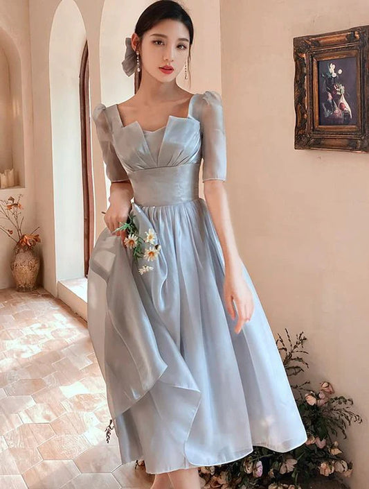 Simple Gray Short Sleeve Bridesmaid Evening Party Midi Dress
