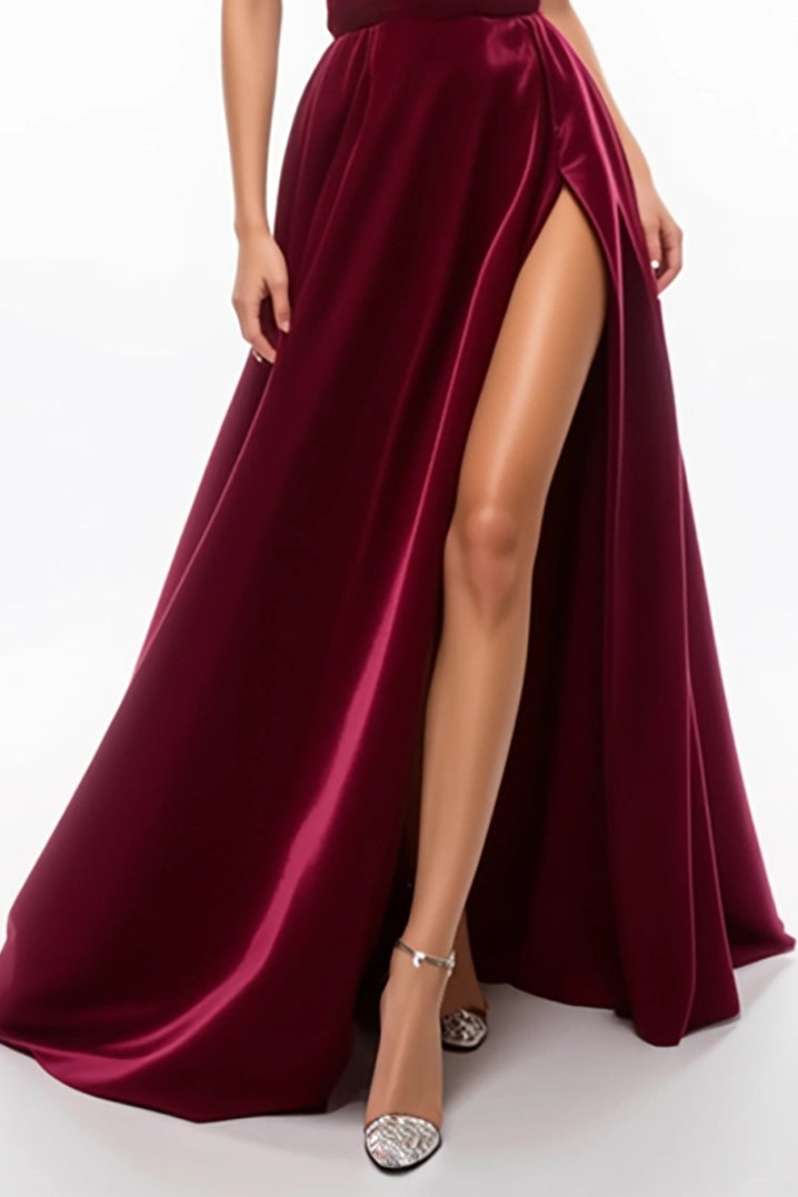 Evening Formal Gown Burgundy Deep V High Slit Floor-Length Dress Simple beautiful generous and full of charm