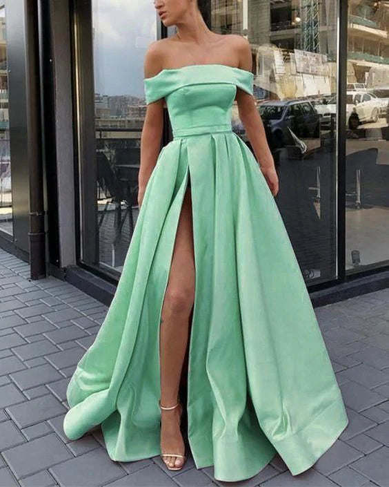 Amazing Mint Green A Line Evening Prom Dresses Long Satin Off Shoulder Sexy High Split