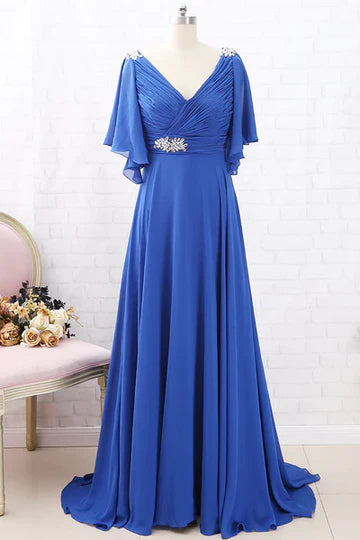 Chiffon V-Neck Ruffled Long Mother of the Bride Dress Simple gentle and grand