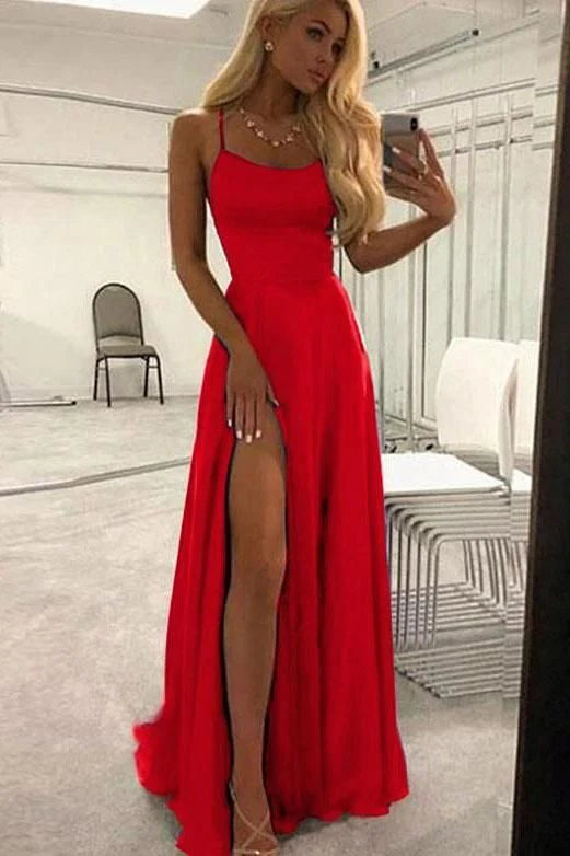 Unique A Line Red Spaghetti Straps Satin Prom Dresses Long Cheap Evening Dresses