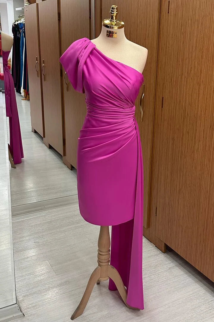 Fuchsia One-Shoulder Ruched Midi Dress with Attached Train Simple gentle grand and beautiful