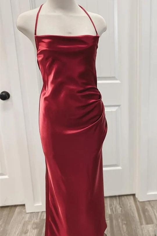 Burgundy Halter Cowl Neck Column Bridesmaid Dress