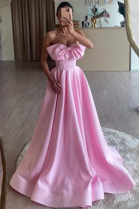 A-Line Strapless Bow Satin Pleated Long Formal Prom Dress
