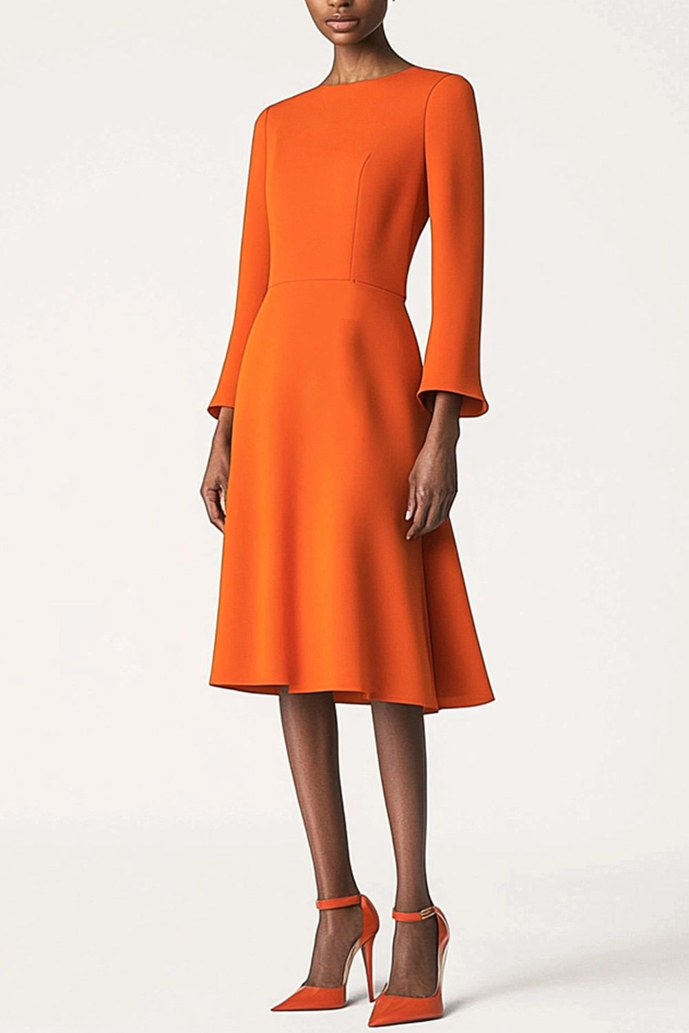 Orange Work Dress Long Sleeves Flared Hem Minimalis Dress Simple beautiful generous and full of charm