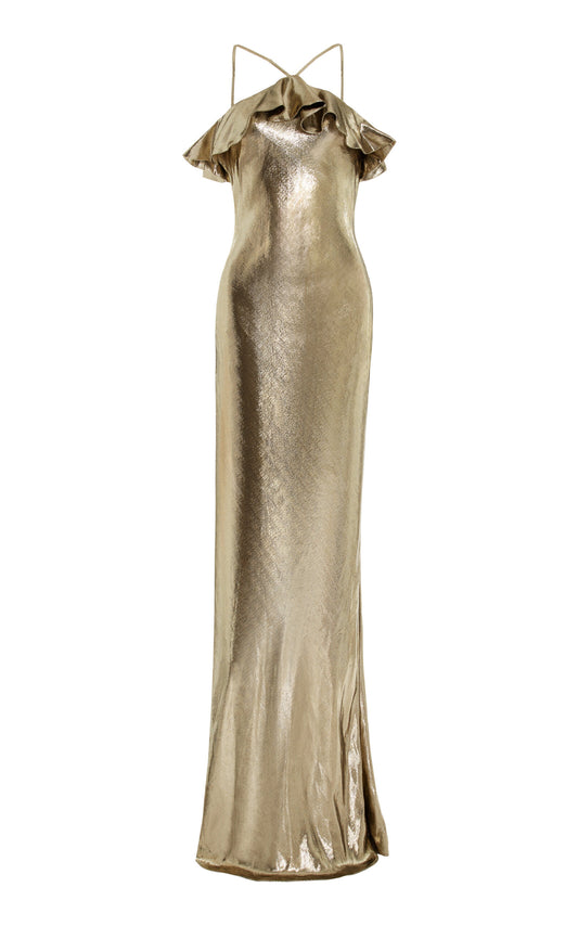 Party Dresses Ruffled Gold Lamé Halter Gown Gentle beautiful and grand