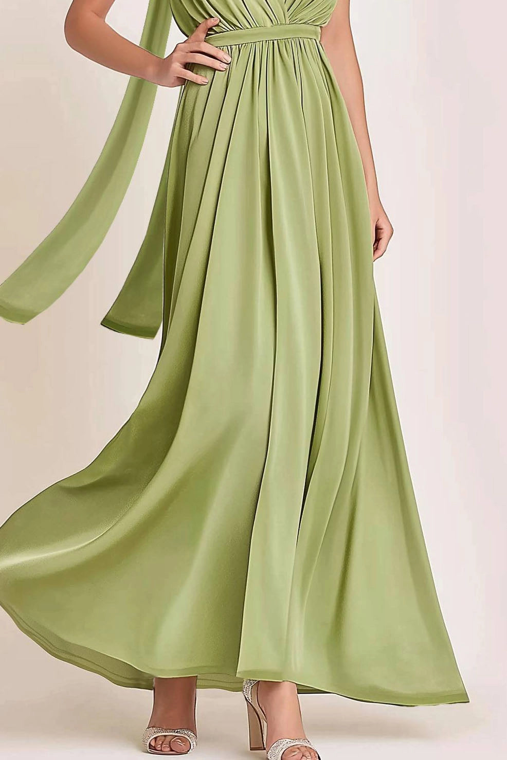 Wedding Guest Semi-Formal Dress with Scarf Green Satin V-Neck Sleeveless Maxi Dress with Scarf